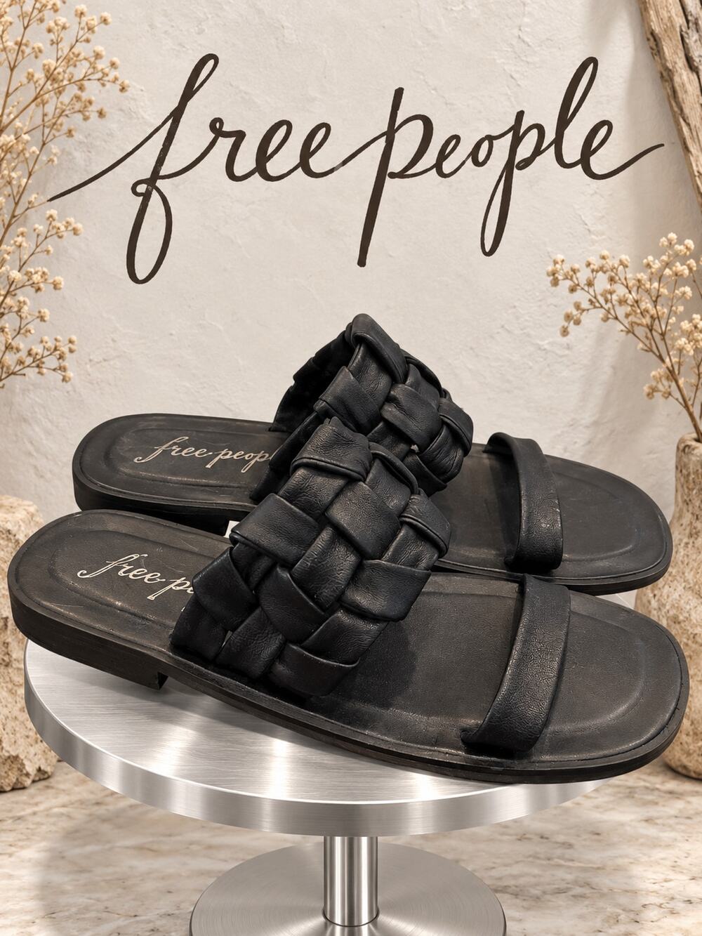 Free People Winding River Black Leather Woven Sandals EU 37 US 6.5